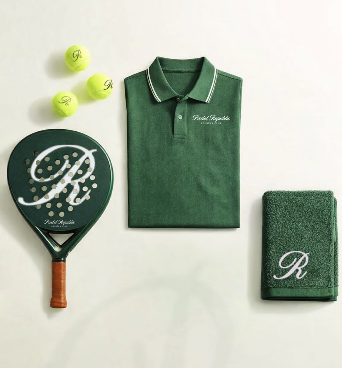 Padel Republic racket, polo, towel, and balls flatlay